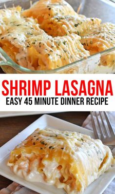 shrimp lasagna in a casserole dish on a plate with a fork