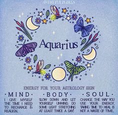 an aquarius zodiac sign with butterflies and stars