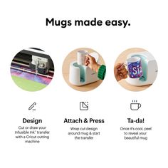 the instructions for how to make mugs with heat press and paper cutters in one place