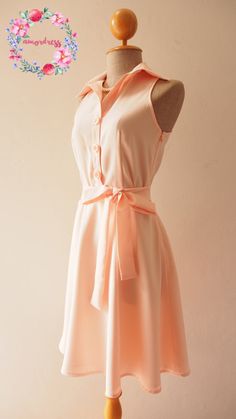 DOWNTOWN - Shirt Dress Pale Peach Pink Bridesmaid Dress Sundress Light Peach Casual Dress 1950 Midi Elegant Peach Daywear Dress, Elegant Peach Dress For Daywear, Orange Feminine Dresses For Daywear, Feminine Peach Sleeveless Midi Dress, Feminine Sleeveless Peach Midi Dress, Chic Peach Knee-length Dress, Feminine Peach Dress For Daywear, Peach Short Sleeve Daywear Dress, Peach Short Sleeve Dress For Daywear