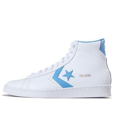 Looking for a classic sneaker with a touch of modern style? Check out the Converse Pro Leather Hi 'White Blue'! This sneaker is a re-imagining of the silhouette made famous by Julius 'Dr. J' Erving in the late '70s, and it's perfect for anyone who loves a retro look with a few modern accents. The shoes are rendered in a simple two-tone color scheme, with a pristine white base and Coast Blue hits on the Converse branded heel tab and signature Star Chevron logo. 'Pro Leather' is inscribed in gold foil lettering on the quarter panel, adding a touch of luxury to this already stylish sneaker. (SNKR/Unisex) Classic High-top Skate Shoes With Abzorb Midsole, Converse Leather Sneakers With Gum Sole, Modern White Converse High-top Sneakers, Converse Mid-top Sneakers With Perforated Toe Box, Converse Sporty High-top Sneakers With Perforated Toe Box, Classic Converse High-top Sneakers For Sports, Classic Blue Converse Sneakers, Classic High-top Converse Sneakers, Converse High-top Skate Shoes With Contrast Sole