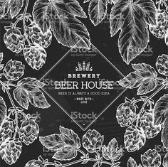 a black and white drawing of beer house with leaves on the bottom, in front of a