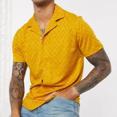 T-Shirt By Asos Design Not Every Day's A T-Shirt Day Chevron Design Revere Collar Button Placket Short Sleeves Regular Fit True To Size Orange V-neck Shirt For Summer, Orange V-neck Summer Shirt, Retro V-neck Summer Shirt, Yellow Cotton Top With Casual Collar, Summer Orange V-neck Shirt, Yellow Cotton V-neck Shirt, Orange Collared Tops For Summer, Orange V-neck T-shirt For Summer, Yellow Short Sleeve Shirt For Vacation