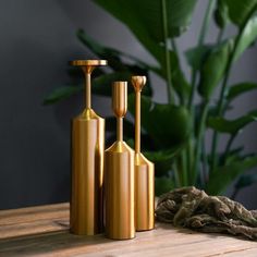 two gold vases sitting on top of a wooden table next to a green plant