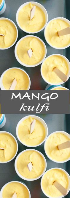 several bowls filled with food on top of a metal tray and the words mango kulf