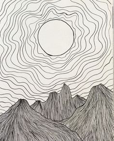 a black and white drawing of mountains with a sun in the middle