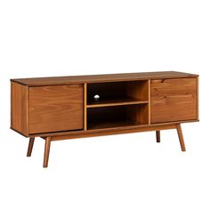 the sideboard is made from wood and has an open shelf on one end, with two