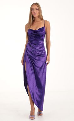 Lovely Velvet Luxe Maxi Dress in Purple | LUCY IN THE SKY Royal Purple Prom Dress, Purple Dress Outfits, Royal Purple Dress, Purple Satin Dress, Lavender Prom Dresses, Cowl Neck Maxi Dress, Purple Long Dress, Sorority Recruitment Outfits, Recruitment Outfits