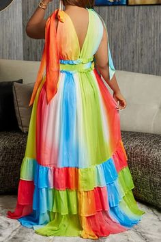 Romantic Colorful V-Neck Ruffle Backless Sling Maxi Dress Multicolor Ruffled Maxi Dress For Beach, Multicolor Ruffled Maxi Dress For The Beach, Multicolor Ruffled Maxi Dress For Summer, Multicolor Ruffled Maxi Dress For Day Out, Multicolor Backless Maxi Dress For Party, Multicolor Ruffled Summer Maxi Dress, Backless Multicolor Summer Maxi Dress, Multicolor Backless Maxi Dress For Summer, Multicolor Backless Summer Maxi Dress