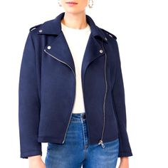 Brand New With Tags Attached. Size X Small. Runs Roomy In My Opinion. Could Easy Fit Small Navy Blue Ships From A Smoke And Pet Free Home A Street Classic Reinvented In Soft Faux Suede. Say Hello To Scoop’s Moto Jacket. This Iconic Jacket Gets A Reboot With A Relaxed Fit, Buttery-Soft Feel And Modern Color. Of Course You’ll Love It Over Jeans And A Tee, But You Can Also Layer It Over Our Slip Dress For An Edgy Update. Material: 94% Polyester/6% Spandex; Lining: 100% Polyester Care: Machine Washa Edgy Blue Outerwear For Fall, Trendy Blue Long Sleeve Biker Jacket, Trendy Blue Biker Jacket With Long Sleeves, Blue Biker Jacket With Zipper Closure, Blue Biker Outerwear For Spring, Blue Long Sleeve Biker Jacket For Work, Chic Blue Long Sleeve Biker Jacket, Blue Moto Outerwear With Long Sleeves, Chic Blue Biker Jacket With Long Sleeves