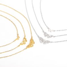 Description:3 Pieces Butterfly Necklace SetSpecifications:Material: stainless steelColors: Gold,SilverSize: 36 cm - 55.5 cm (details as per size chart picture)Weight: 12 g/set Catch everyone's eye with this 3-piece butterfly necklace set! Perfect for any outfit, these unique necklaces offer a playful touch with their fluttering butterfly pendants. Add a whimsical touch to your style with this one-of-a-kind set. Butterfly Necklaces, Jewelry Cute, Pendant Choker, Butterfly Pendant Necklace, Neck Jewellery, Cute Butterfly, Necklace Craft, Gold Necklace Set, Girl Jewelry