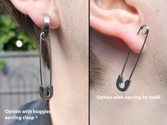 an ear piercing is shown in two different pictures, one with a hook and the other without