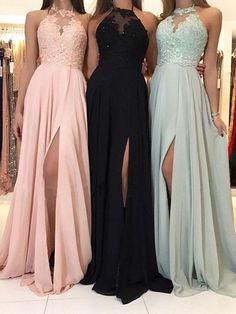 Sweep/Brush Train A-Line/Princess Sleeveless Halter Chiffon Dresses Bridesmaid Dresses Lace Top, Bridesmaid Dresses Lace, Cheap Long Bridesmaid Dresses, Chiffon Formal Dress, Bridesmaid Dresses 2018, Split Prom Dresses, Halter Bridesmaid Dress, Halter Prom Dresses, Graduation Dresses