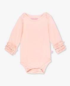 Knit Long Sleeve Ruffle Layering Bodysuit Spring Ruffled Onesie For Loungewear, Long Sleeve Bubble Romper For Spring Playwear, Spring Loungewear Onesie With Ruffles, Spring Long Sleeve Ruffled Onesie, Cute Solid Color Bodysuit For Playwear, Cute Solid Color Playwear Bodysuit, Cute Long Sleeve Onesie With Ruffles, Cute Fitted Solid Color Bodysuit, Spring Stretch Onesie For Playtime