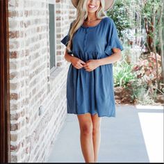 Umgee Blue Henley Babydoll Dress Functional Buttons Has Stretch Small Fits Up To A Size 6 Length 35” Blue Solid Color Dress For Brunch, Casual Solid Blue Dress, Cute Blue Mini Dress For Daywear, Cute Blue Flowy Dress, Blue Short Sleeve Solid Color Dress, Blue Flowy Mini Dress For Daywear, Blue Flowy Mini Dress With Short Sleeves, Flowy Blue Mini Dress For Daywear, Navy Blue Babydoll Dress