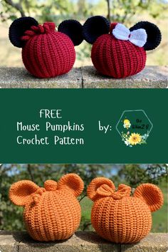 two knitted pumpkins with ears on them