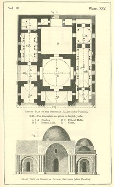 an old book with two drawings of buildings and the floor plan for each building in it