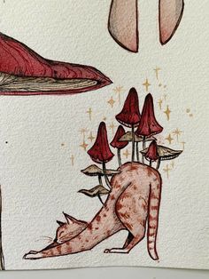 a drawing of a cat sitting in front of some mushrooms