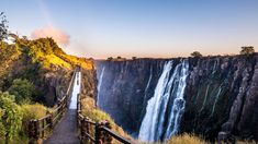 a wooden walkway leading to a waterfall with a rainbow in the background