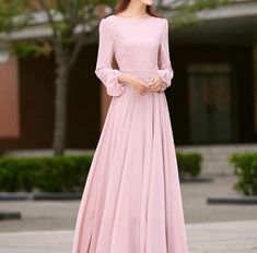 Pink Dress Long Sleeve, Pink Dress Long, Pink Chiffon Dress, Sweet Dresses, Pink Long Dress, Maxi Outfits, Custom Dress, Chiffon Dress Long, Long Sleeve Evening Dresses