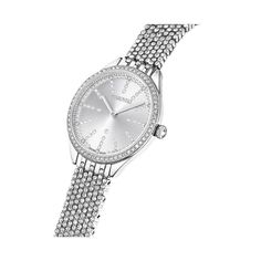 The simplicity of stainless steel has been beautifully lifted in this Swiss Made timepiece thanks to the compelling use of 433 crystals. On the silver-tone guilloche dial, you will discover crystals for index markers, while the slender bezel and bracelet are each adorned with their own pave of dazzling clear crystals. The 30mm watch is water-resistant to 50m and includes a single stone in its crown. The overall look is designed to make a subtle yet noticeable impact with any outfit you wear. Style #5644062..Movement- quartz.Case- round, silver-tone stainless steel, 30mm.Strap - white, stainless steel, butterfly clasp closure.Dial - silver-tone.Water-resistant to 50m.Item comes in a beautiful, sturdy gift box, suitable for gift giving or permanent jewelry storage.Set in stainless steel, Swa Elegant Diamond Watches With Rhinestones, Timeless Diamond Watch With Rhinestones For Formal Occasions, Timeless Silver Jewelry With Rhinestones, Elegant Diamond Watch With Crystal, Silver Diamond Watch With Crystal, Elegant Round Diamond Watch With Crystal Accents, Formal Watches With Rhinestones, Elegant Round Diamond Watch With Crystal, Elegant Crystal Diamond Watch With Diamond Hour Markers