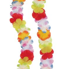 multicolored hawaiian flower leis on white background