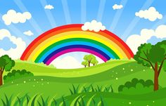 a rainbow in the sky over a lush green field with trees and grass under a blue cloudy sky