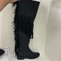 Super Tall Thigh High Fringe Boots Never Worn! Tassel Tall Boots, Synthetic Ankle-high Boots With Textured Sole, Fitted Thigh-high Synthetic Boots, Womenknee Boots With Fringe, Medium Width Knee-high Synthetic Boots, Fringe Boots, Jelly Shoes, Shoes Brand, Walker Boots