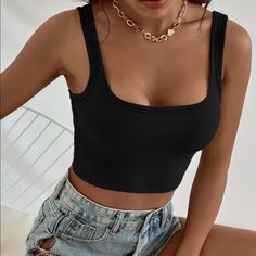 Black Ribbed Shein Tank Top! Cute Basic. Good Quality. Never Worn, Brand New Condition. Cheaper Shipping ($3.45) On Curtsy @Alexaparada Trendy Tank Tops, Purple Crop Top, Strap Crop Top, Top Shein, Cropped Tops, Sleeveless Crop Top, Crop Top Blouse, Knit Crop Top, Knit Crop