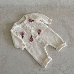 Baby Floral Embroidery Knit Sweater Jumpsuit (0-24m) - Ivory - AT NOON STORE Embroidery On Kids Clothes, Baby Clothes Aesthetic, Georgia Style, Knitted Baby Outfits, Blazer Outfits Casual, French Baby, Knit Romper, Baby Knitwear, Mom Hats