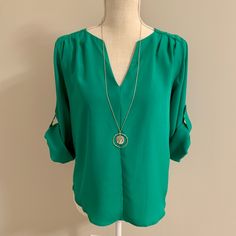 Green Split Neck Blouse With Rolled Sleeves And Pleated Detail At Shoulders. Casual Green Blouse For Layering, Trendy Green Blouse For Brunch, Elegant Green Tops For Layering, Rolled Sleeves, Stitch Fix, Split, Top Blouse, Blouses, Womens Tops