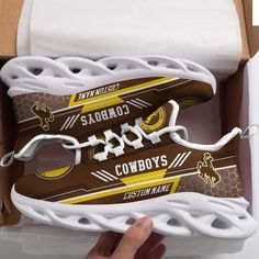 Introducing our Personalized Name Wyoming Cowboys Max Soul Sneakers, the ultimate running sports shoes designed for both men and women. White High-top Wear-resistant Running Shoes, Sporty White Wear-resistant Running Shoes, Sporty Wear-resistant Running Shoes For Jogging, Sporty Wear-resistant Running Shoes, Casual Running Shoes For Sports Events, Sporty Custom Sneakers Breathable For Sports Season, Sporty Custom Breathable Sneakers For Sports Season, Sporty Breathable Custom Sneakers For Sports Season, Low-top Fade-resistant Running Shoes For Sports Events