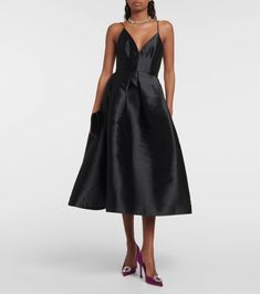 Pleated Silk Faille Midi Dress in Black - Alex Perry | Mytheresa Elegant A-line Taffeta Midi Dress, Chic A-line Tea Length Formal Dress, Luxury A-line Midi Dress For Party, A-line Taffeta Party Dress, Elegant Mid-length Dress With Fitted Bodice, Elegant A-line Silk Dress For Parties, Chic A-line Satin Dress For Formal Occasions, Satin A-line Dress For Formal Occasions, Elegant A-line Tea Length Cocktail Dress