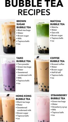 the bubble tea recipe is shown in four different colors