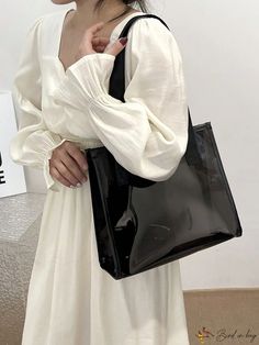 BirdinBag - Black PVC Shoulder Tote: Stylish & Transparent Fashion Bag Transparent Fashion, Polyvinyl Chloride, Word Wrap, Bag Style, Shoulder Tote Bag, Handle Bag, Shoulder Tote, Black Pattern, White Patterns