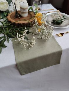 Sage green linen viscose table runner for a wedding. Christmas table runnerLinen table runner are made of high-quality natural linen.Ideal for serving a wedding table, gala dinner or casual dinner. This linen accessory will make any occasion special.♥ MATERIAL: 80% natural organic linen / 20% viscose (160g/m2)♥ Width Lace - 2 inches.♥ Linen table runner looks great with a linen or cotton tablecloth or with a wooden table.♥ Linen table runner are strong and durable.♥  Contact me if you are intere Sage Green Wedding Table Setting, Green Wedding Decorations, Rustic Napkins, Green Table Runner, Boho Table Runner, Aisle Runner Wedding, Linen Dinner Napkins, Green Napkins, Sage Green Wedding