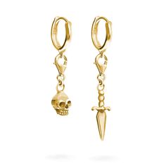 1 Skull Earring + 1 Dagger Earring (1 Pair) Materials: .925 sterling silver or 24k gold plated. Sneaky Bird's Skull & Dagger Earrings This is a final piece, if you want to design your own pieces by combining any charm with a base jewelry (or even come up with a different and creative way to use them) view THE CHARMS COLLECTION. HOW TO WEAR MY CHARMS GOLDEN CHARMS & EARRINGS CARE 100% Handcrafted in USA. Made to order for each individual purchaser. Inquire here. Handmade in our jewelry studio fro Symbolic Yellow Gold Jewelry For Pierced Ears, Symbolic Pierced Dangle Jewelry, Gold Skull Earrings Nickel Free, Yellow Gold Skull Jewelry For Gift, Gold Skull-shaped Earrings, Gold Sterling Silver Earrings With Charms, Dagger Earring, Skull Earring, Charms Collection