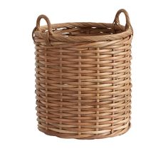 a round wicker basket with handles is shown on a white background for use as a planter