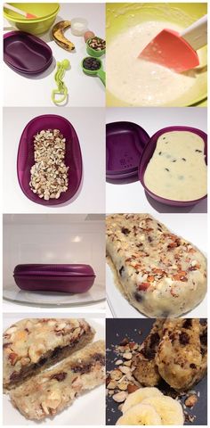 several pictures of different food items including bananas, oatmeal and other foods