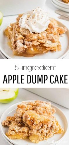 an apple dump cake on a white plate with the words, 5 ingredient apple dump cake