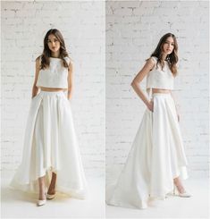 two piece wedding dress with cropped top and high - low skirt in white color