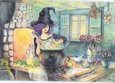 a drawing of a witch cooking in her kitchen