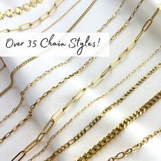 GOLD Chain Necklaces | Custom lengths | Perfect for layering  All our chains are high-quality real 18K gold plated stainless steel. Other incredible features are: * Waterproof & beach safe * Durable * Hypoallergenic * Anti-Tarnish * Nickel & Lead Free * Handmade in USA | Ships from NC Choose Dainty or Bold statement jewelry: Curb, Cable, Twist, Vine, Figaro, Box, Cuban, Paperclip, Link, Beaded & More! J E W E L R Y ∙ D E T A I L S * Chain Material: 18K gold PVD plated stainless steel * Clasp: Lo Beach Safe, Gold Chain Necklaces, Link Jewelry, Bold Statement Jewelry, Twist Beads, Jewelry Care Instructions, Trombone, Chain Necklaces, Gold Chain Necklace