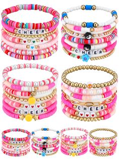 PRICES MAY VARY. Bulk Supply: the kit includes, not 1, not 2, but an astonishing 28 friendship bracelets bulk, designed with 4 sets, 7 in each, it's a deal that will exceed your expectations; With such a sufficient bundle, you'll not have to worry about coordinating with your outfit or occasion, whether you want to stack them, wear them separately or even share with partners, the choices are diverse Unleash Your Style Statement: these stretchy bracelets for women are not just accessories, they'r Cheer Gift Basket, Cheer Gifts For Team, Cheer Preppy, Cheer Bracelets, Kandi Jewelry, Birthday Baskets, Cheerleader Gifts, Preppy Birthday, Beach Preppy