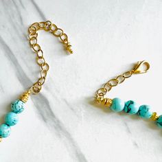 Our Antigua Turquoise Beaded necklace is a breath of fresh air, with brilliant blue hues that are reminiscent of the waters in Antigua. We're now offering in matte gold as well as shiny gold. Etched gold beads offer a striking contrast and we've added some chain so you can adjust the length. Necklace measures 18” in length with lobster clasp closure and is free from cadmium, lead, and nickel. Please note every batch of turquoise varies in color. Turquoise Beaded Necklace, Gold Beaded Necklace, A Breath Of Fresh Air, Turquoise Bead Necklaces, Length Necklace, Interior Design Business, Gold Bead Necklace, Breath Of Fresh Air, Custom Jewelry Design