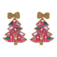 Jeweled Christmas Tree Beaded Embroidery Earrings: Pink - Bexa Boutique Festive Beaded Earrings For Gift, Embroidered Festive Jewelry For Parties, Holiday Party Beaded Earrings, Handmade Beaded Earrings For Christmas Party, Festive Pink Embroidered Jewelry, Pink Embroidered Jewelry For Festive Occasions, Christmas Festive Gold Beaded Earrings, Christmas Party Beaded Earrings, Beaded Earrings For Christmas Party