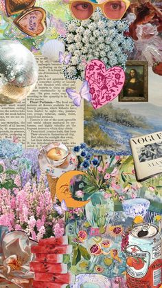 a collage of images with flowers, books and other things on it's surface