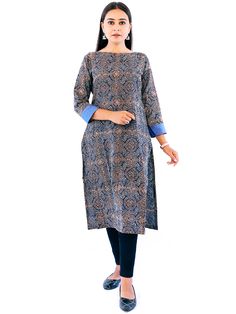 This Kutch hand block print Indigo blue Kurti for Women having very nicely designed boat neck and both side pockets its length is very perfect to pair with tight bottoms. Its long slits will make you free and comfortable to move. We have designed this kurti to wear as loose garment and stay in the most comfort zone. It's cuffs are twisted with contrast colour printed fabric which make our kurti unique. Can wear indoor outdoor, casual, travel, work , vacation, street wear and daily wear. Blue Kurti, Kurti For Women, Work Vacation, Cotton Kurti, Travel Work, Indigo Blue, Printed Fabric, Comfort Zone