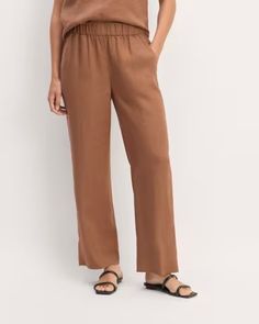 The Linen Easy Pant Carob Brown – Everlane Rayon Tapered Leg Workwear Bottoms, Chic Tapered Leg Rayon Pants, Summer Relaxed Mid-rise Pants, Versatile Linen Bottoms, Summer Linen Pull-on Style Bottoms, Linen Pull-on Pants For Vacation, Effortless Linen Ankle-length Bottoms, Vacation Linen Pants With Pull-on Style, Relaxed Linen Pants With Elastic Waistband