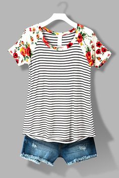 Kelsey Floral and Striped Floral Blouse Outfit, Stitch Fix Outfits, Stitch Fix Stylist, Shirt Jackets, Floral Stripe, Striped Tee, Floral Top, Summer Top, Stitch Fix